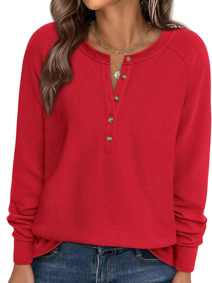 Waffle Knit Henley Long Sleeve T-Shirt - Bitsy Gypsy Boutique