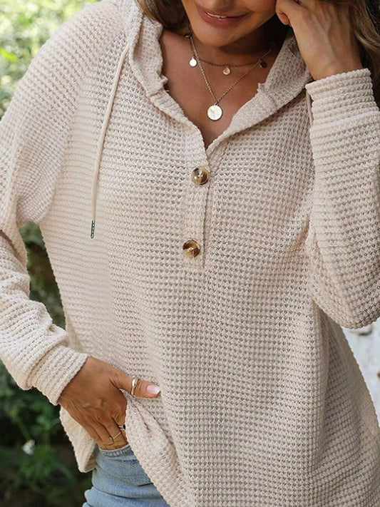 Waffle Knit Hooded Top with Drawstring - Bitsy Gypsy Boutique