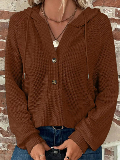 Waffle Knit Hooded Top with Drawstring by Trendsi