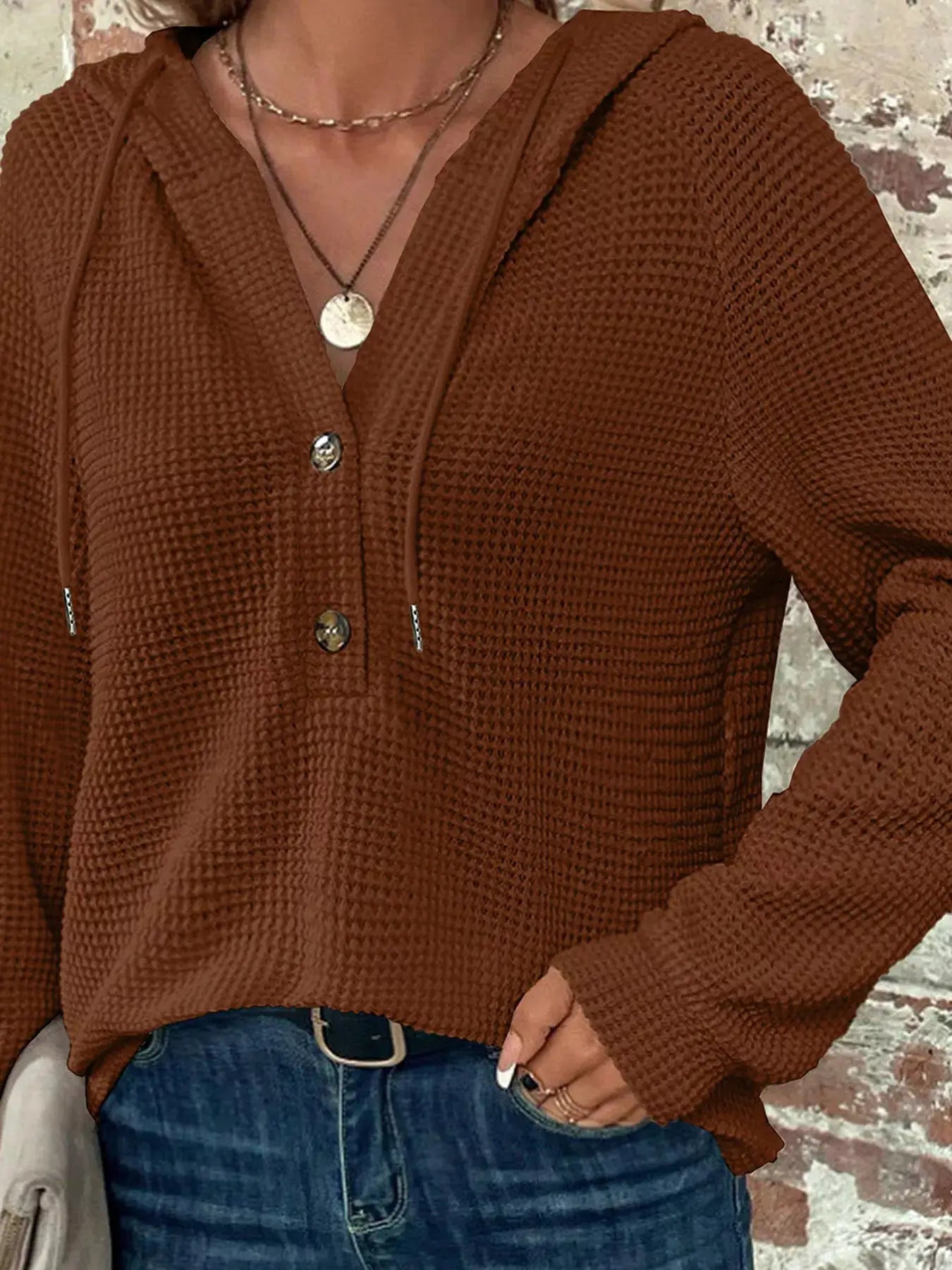 Waffle Knit Hooded Top with Drawstring by Trendsi