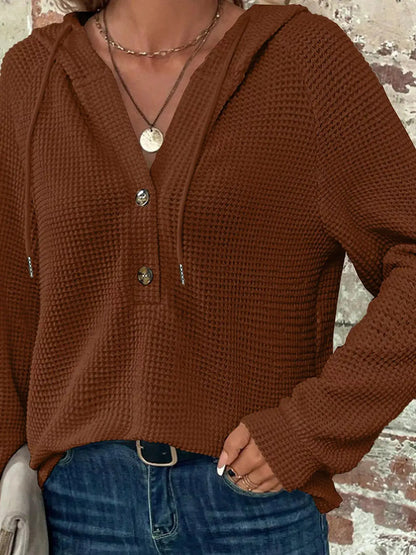 Waffle Knit Hooded Top with Drawstring by Trendsi