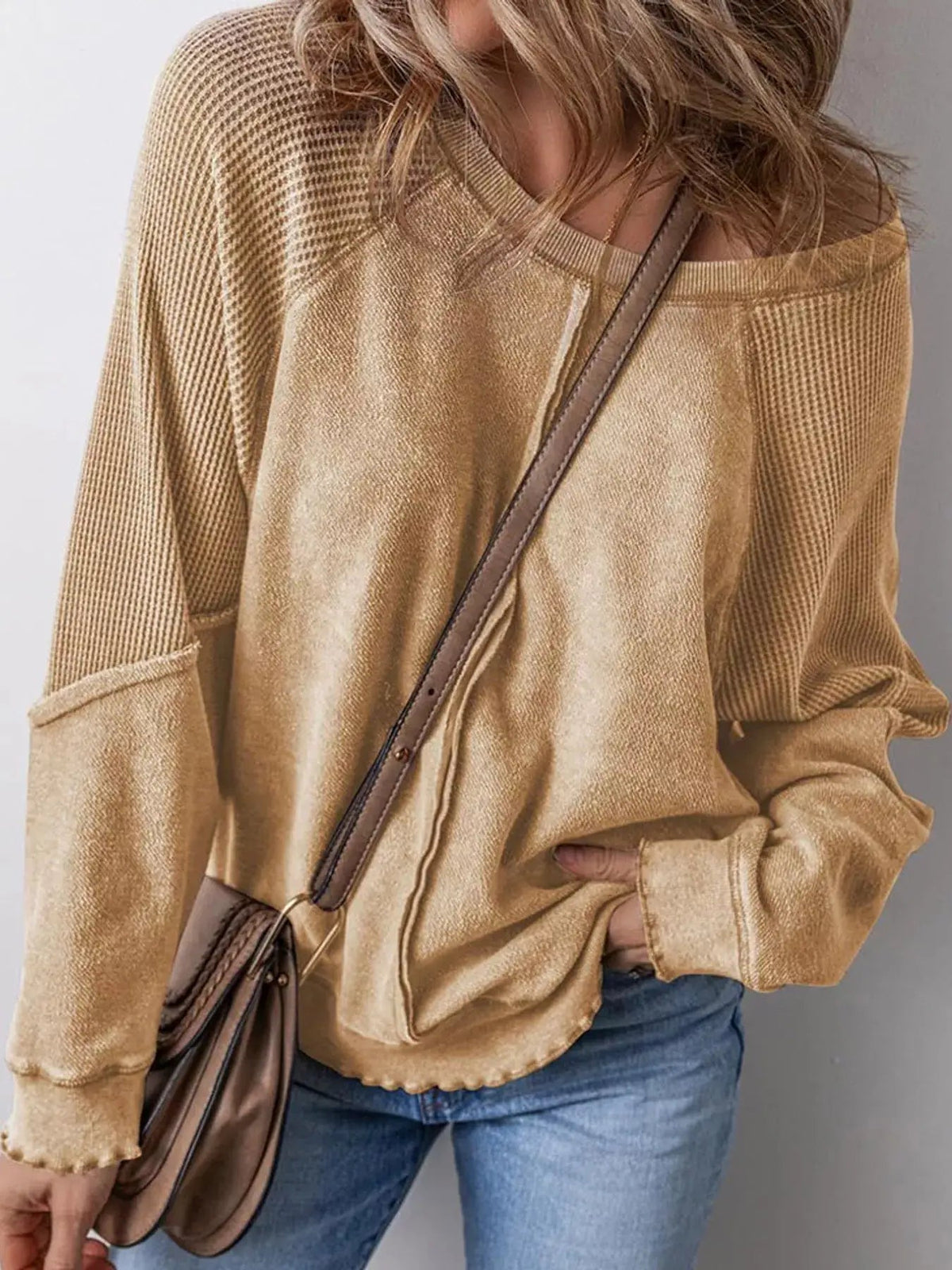 Waffle Knit Ribbed Pullover Raglan Sleeve Sweatshirt - Bitsy Gypsy Boutique