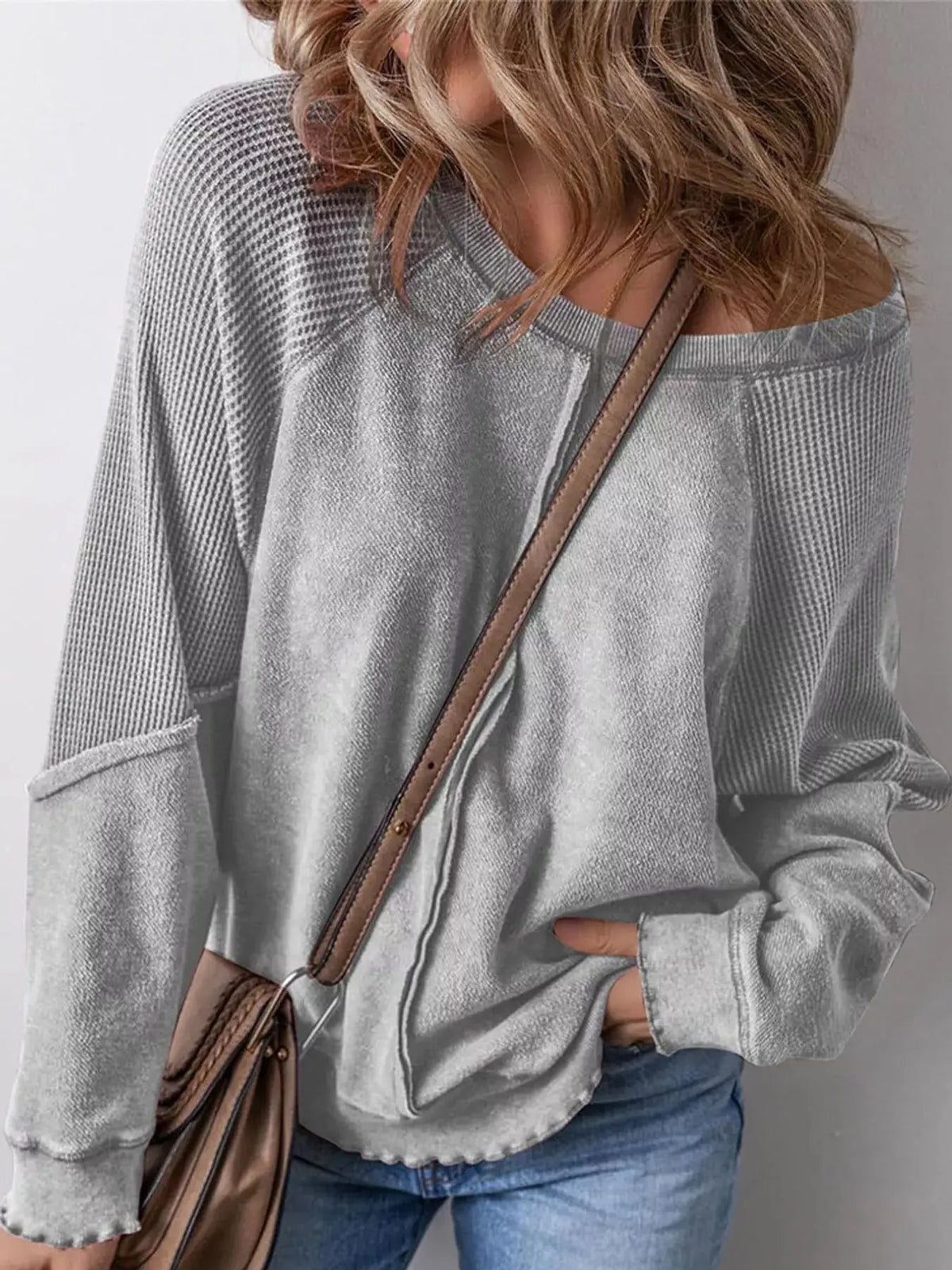 Waffle Knit Ribbed Pullover Raglan Sleeve Sweatshirt - Bitsy Gypsy Boutique