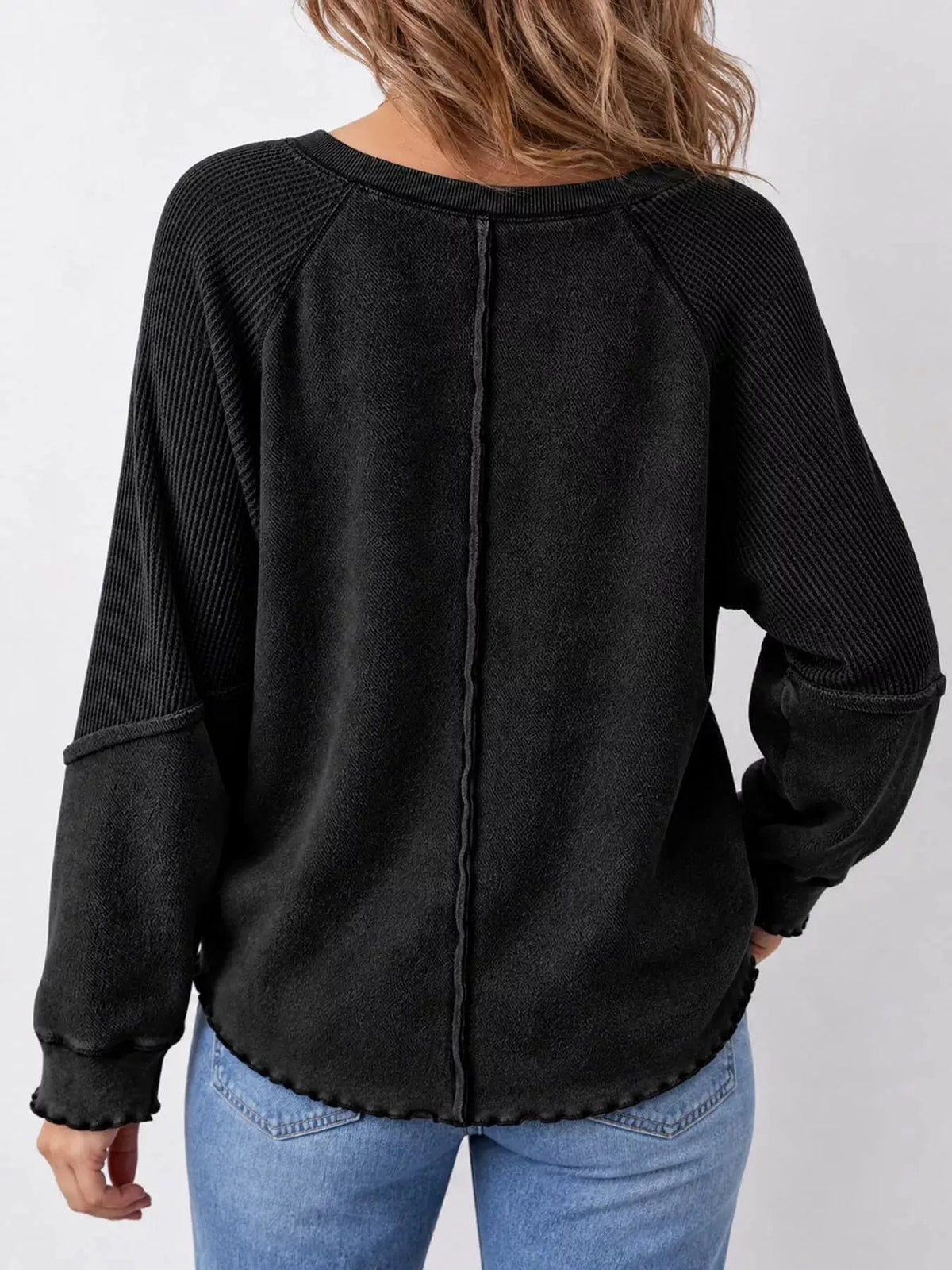 Waffle Knit Ribbed Pullover Raglan Sleeve Sweatshirt - Bitsy Gypsy Boutique
