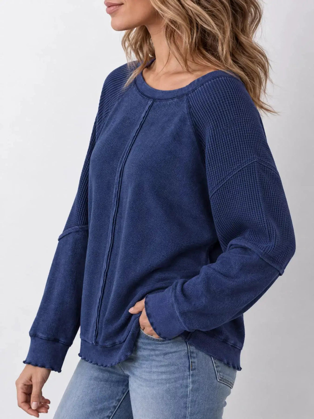 Waffle Knit Ribbed Pullover Raglan Sleeve Sweatshirt - Bitsy Gypsy Boutique