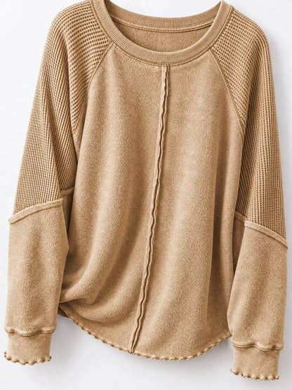 Waffle Knit Ribbed Pullover Raglan Sleeve Sweatshirt - Bitsy Gypsy Boutique