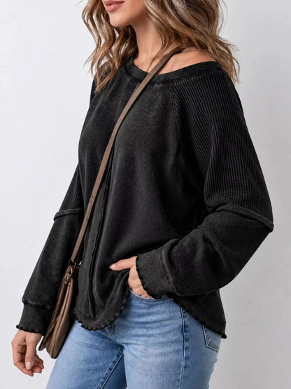 Waffle Knit Ribbed Pullover Raglan Sleeve Sweatshirt - Bitsy Gypsy Boutique