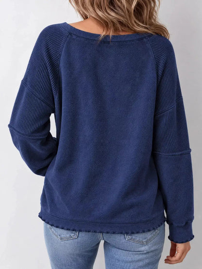 Waffle Knit Ribbed Pullover Raglan Sleeve Sweatshirt - Bitsy Gypsy Boutique