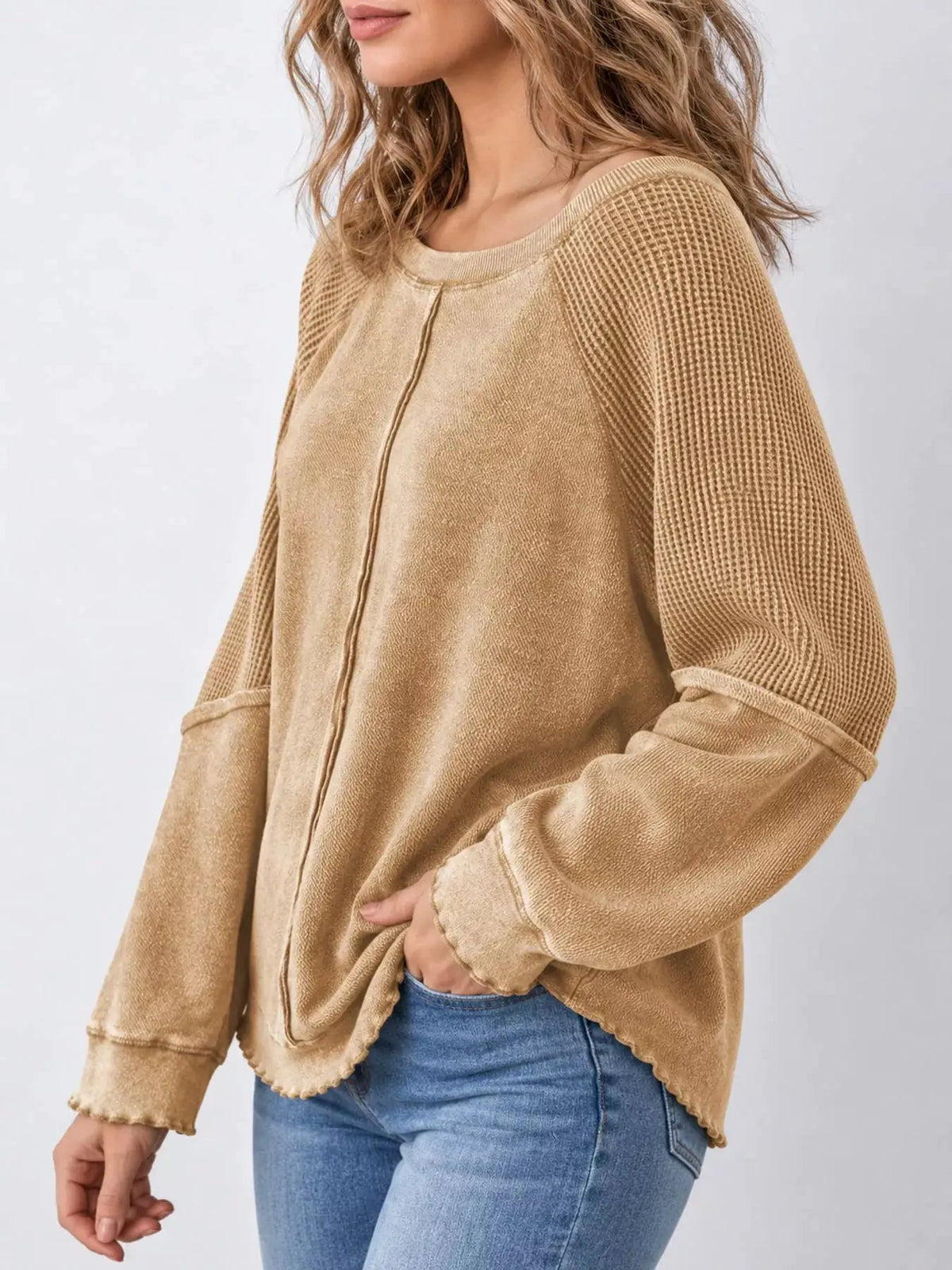 Waffle Knit Ribbed Pullover Raglan Sleeve Sweatshirt - Bitsy Gypsy Boutique