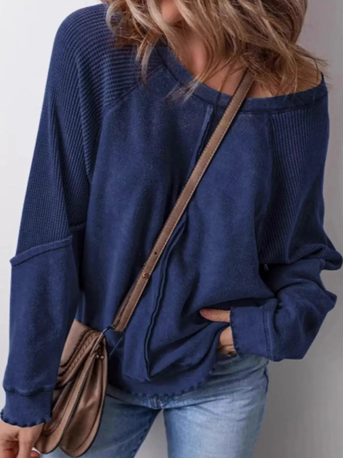 Waffle Knit Ribbed Pullover Raglan Sleeve Sweatshirt - Bitsy Gypsy Boutique