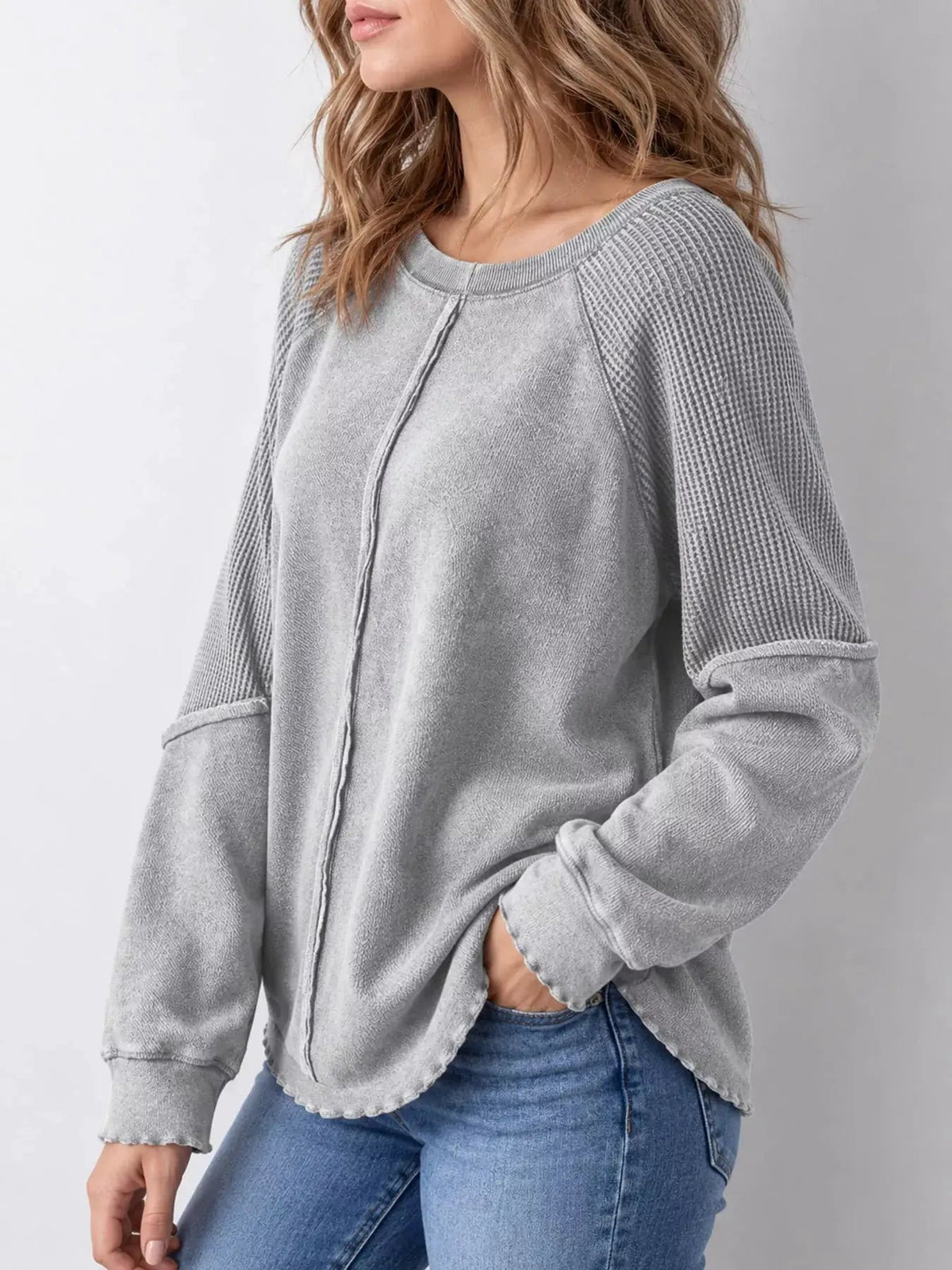 Waffle Knit Ribbed Pullover Raglan Sleeve Sweatshirt - Bitsy Gypsy Boutique