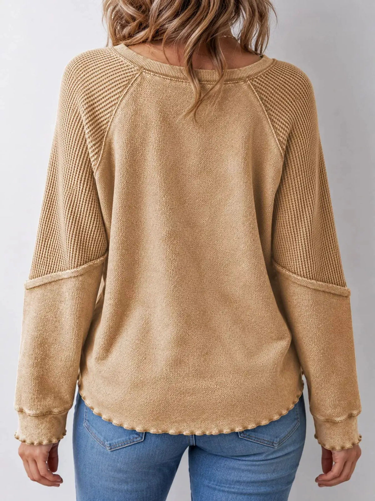 Waffle Knit Ribbed Pullover Raglan Sleeve Sweatshirt - Bitsy Gypsy Boutique