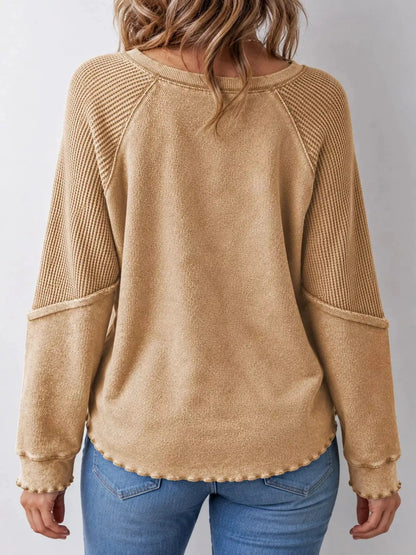 Waffle Knit Ribbed Pullover Raglan Sleeve Sweatshirt - Bitsy Gypsy Boutique