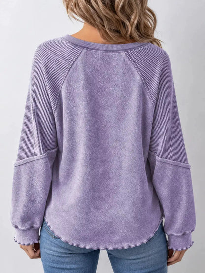 Waffle Knit Ribbed Pullover Raglan Sleeve Sweatshirt - Bitsy Gypsy Boutique