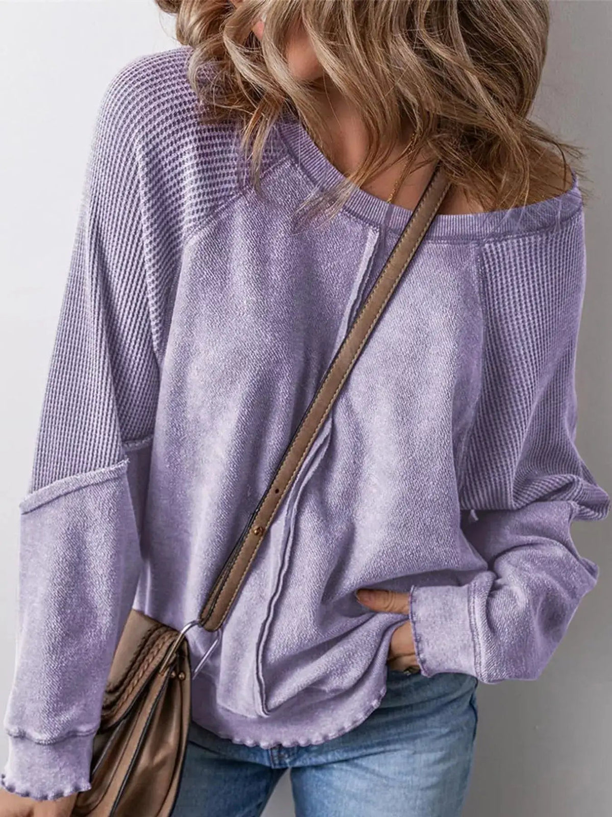 Waffle Knit Ribbed Pullover Raglan Sleeve Sweatshirt - Bitsy Gypsy Boutique