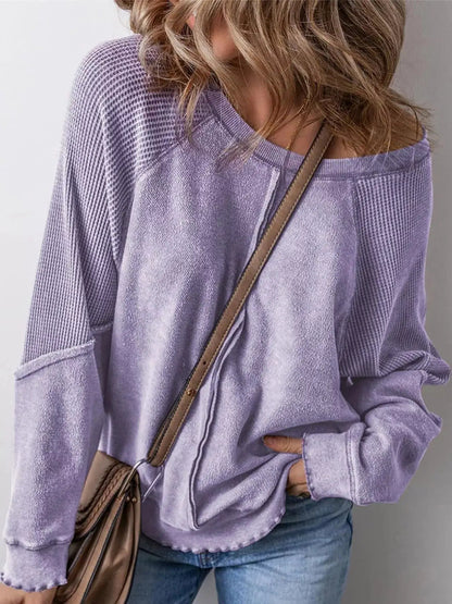 Waffle Knit Ribbed Pullover Raglan Sleeve Sweatshirt - Bitsy Gypsy Boutique
