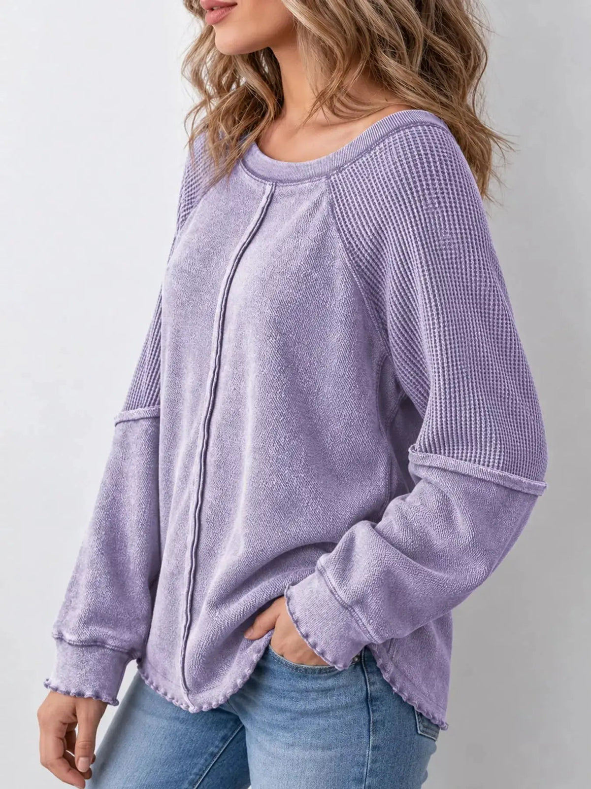 Waffle Knit Ribbed Pullover Raglan Sleeve Sweatshirt - Bitsy Gypsy Boutique