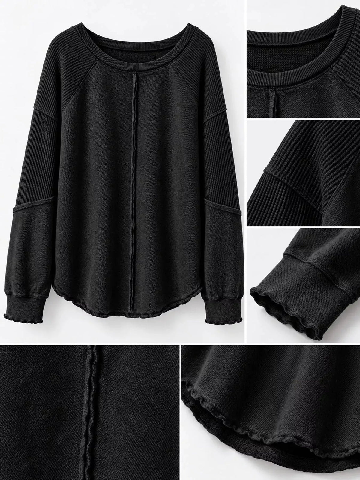 Waffle Knit Ribbed Pullover Raglan Sleeve Sweatshirt - Bitsy Gypsy Boutique