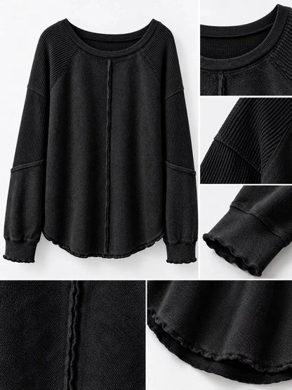 Waffle Knit Ribbed Pullover Raglan Sleeve Sweatshirt - Bitsy Gypsy Boutique