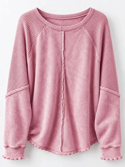Waffle Knit Ribbed Pullover Raglan Sleeve Sweatshirt - Bitsy Gypsy Boutique