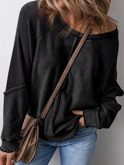 Waffle Knit Ribbed Pullover Raglan Sleeve Sweatshirt - Bitsy Gypsy Boutique