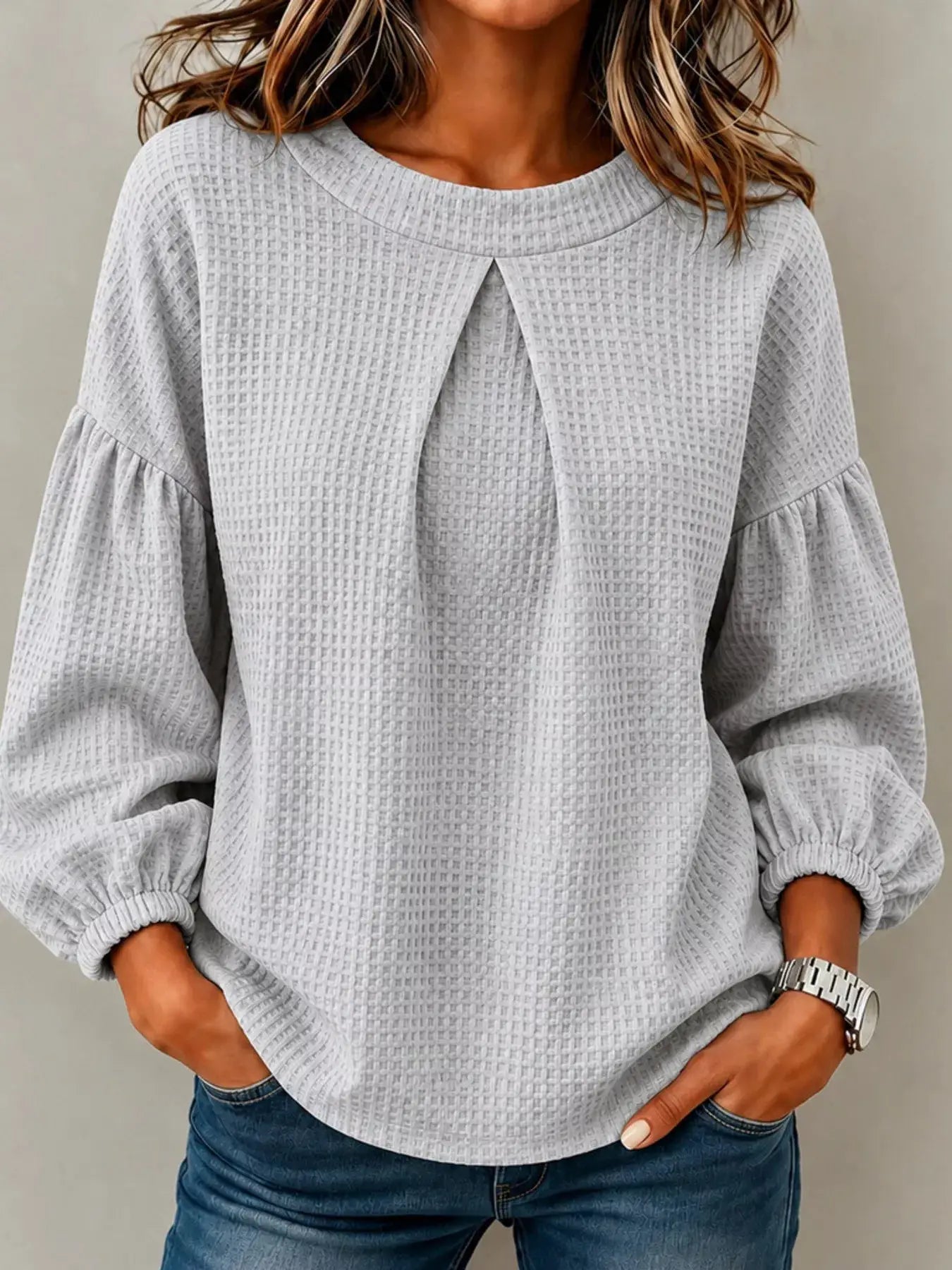 Waffle Knit Round Neck Top by Trendsi