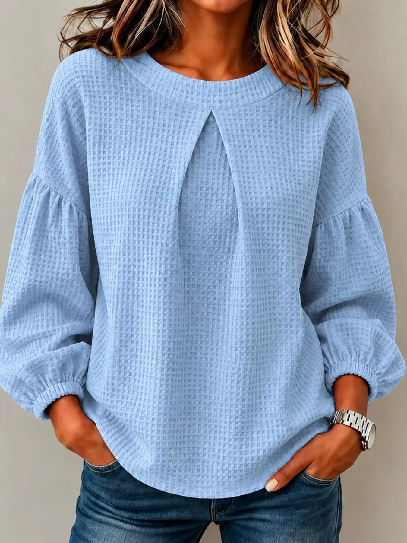 Waffle Knit Round Neck Top by Trendsi