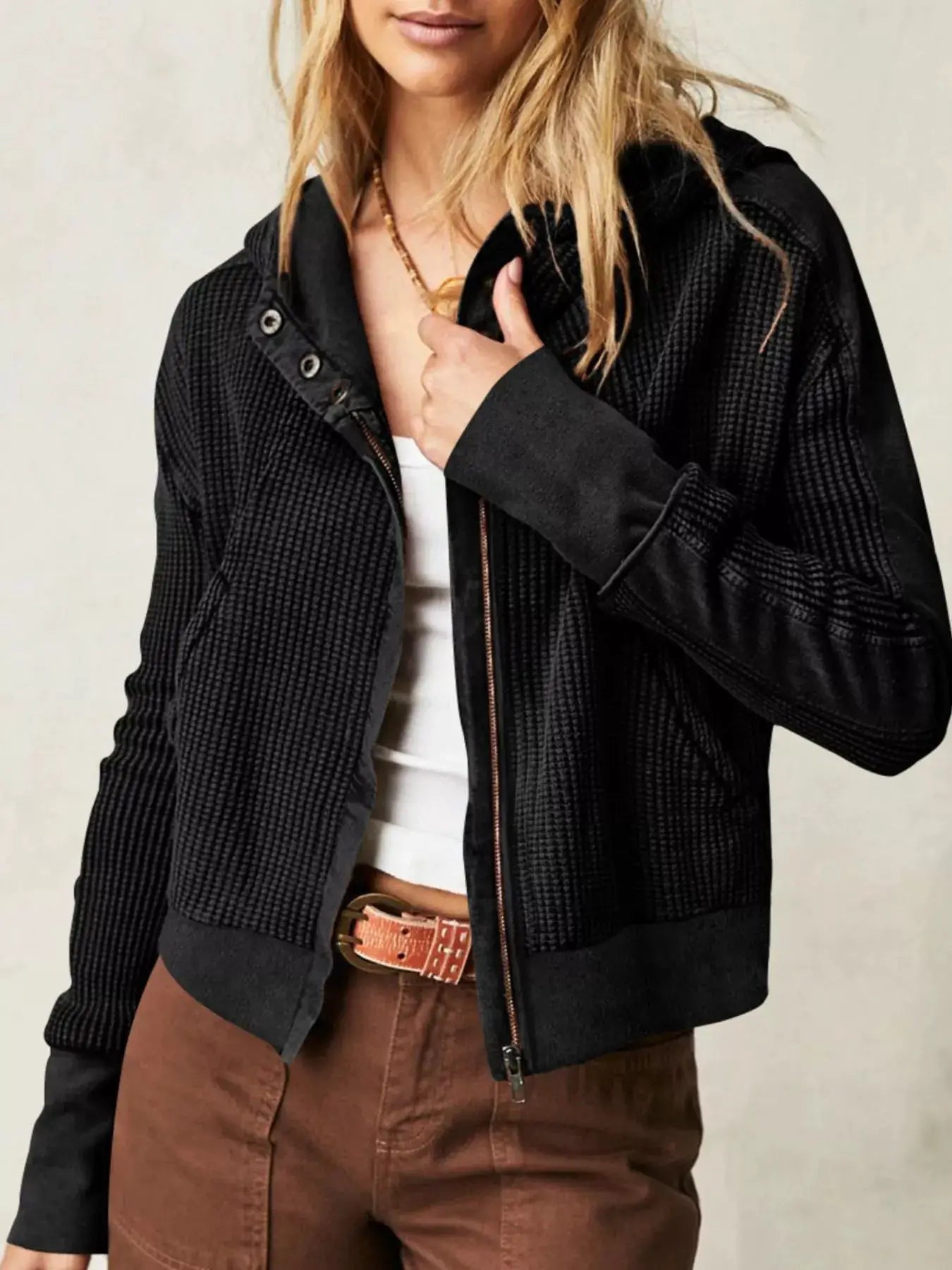 Waffle Knit Zip-Up Jacket - Bitsy Gypsy Boutique