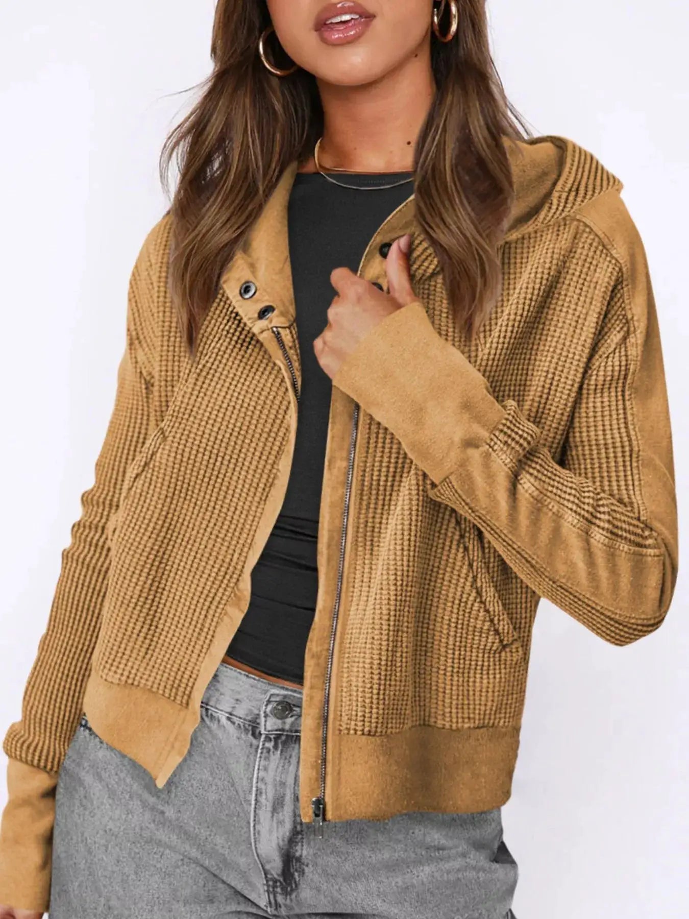 Waffle Knit Zip-Up Jacket - Bitsy Gypsy Boutique
