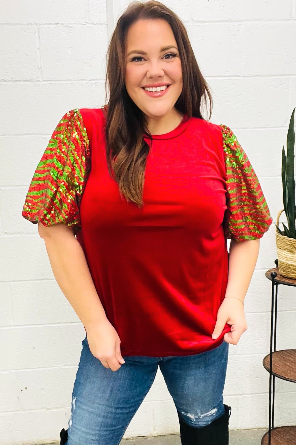 Warmest Wishes Red & Green Sequin Puff Sleeve Velvet Top - Bitsy Gypsy Boutique