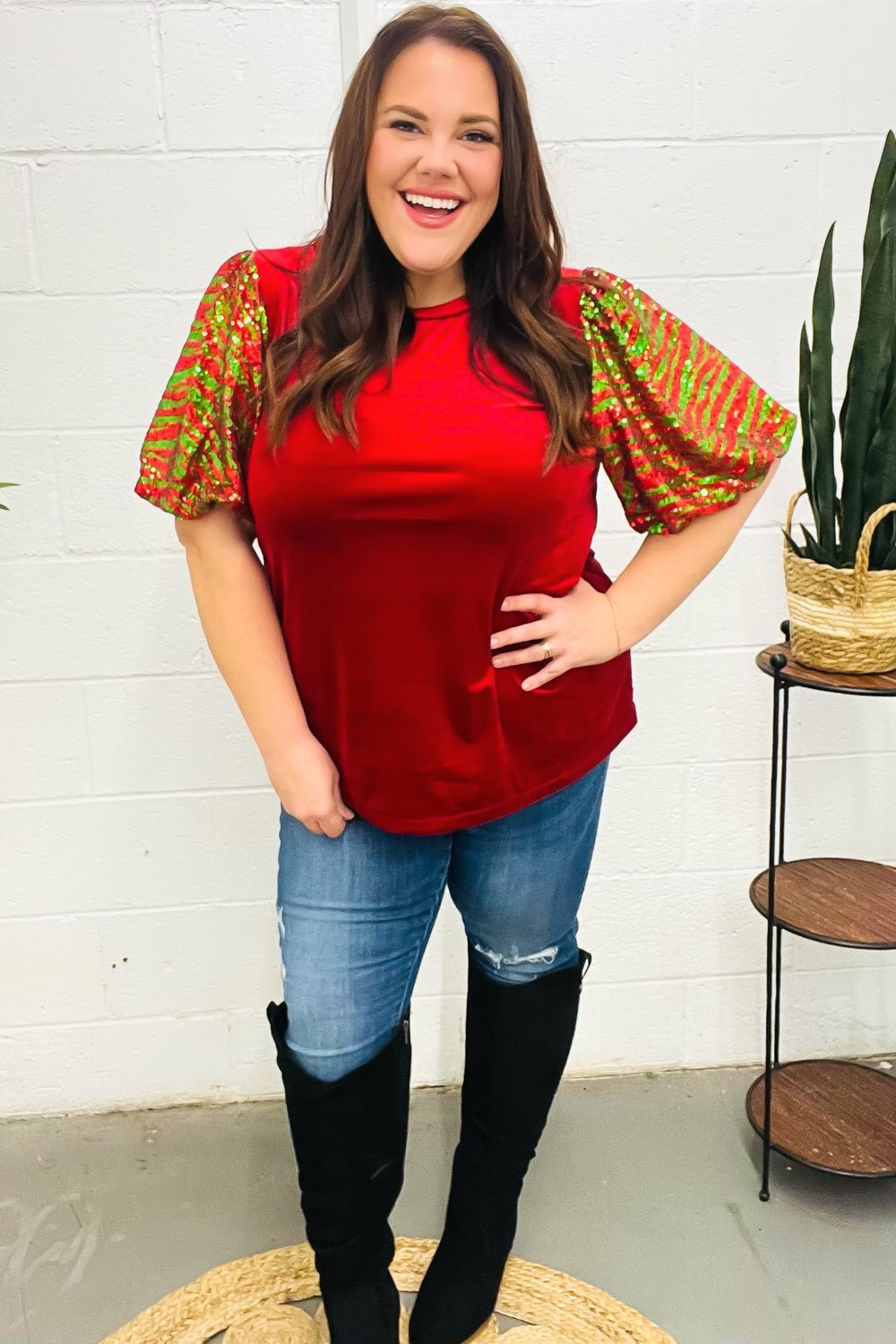 Warmest Wishes Red & Green Sequin Puff Sleeve Velvet Top - Bitsy Gypsy Boutique