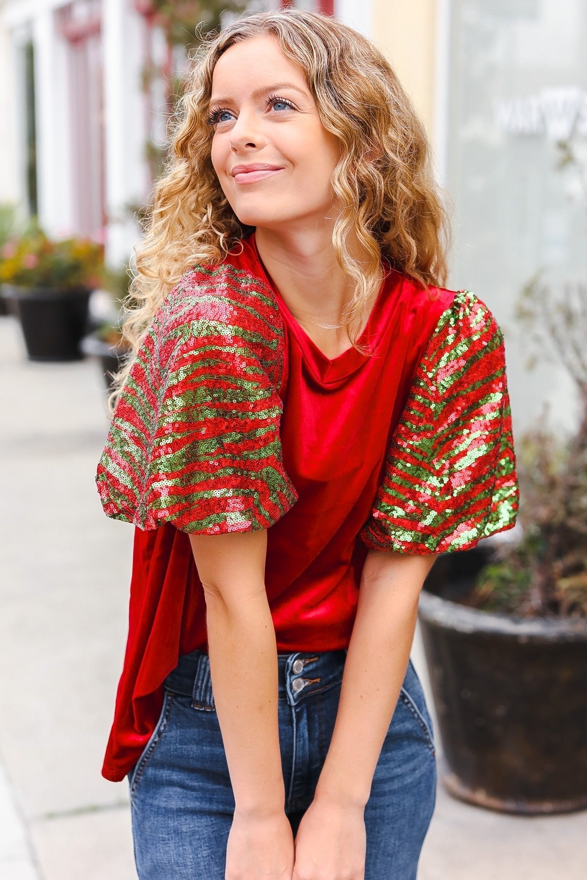 Warmest Wishes Red & Green Sequin Puff Sleeve Velvet Top - Bitsy Gypsy Boutique