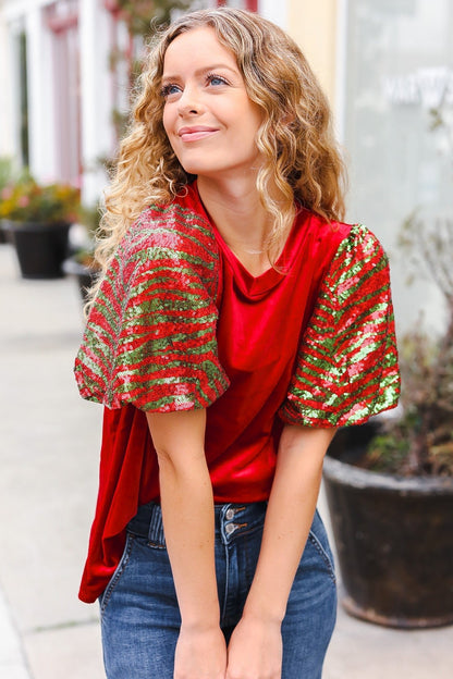 Warmest Wishes Red & Green Sequin Puff Sleeve Velvet Top - Bitsy Gypsy Boutique