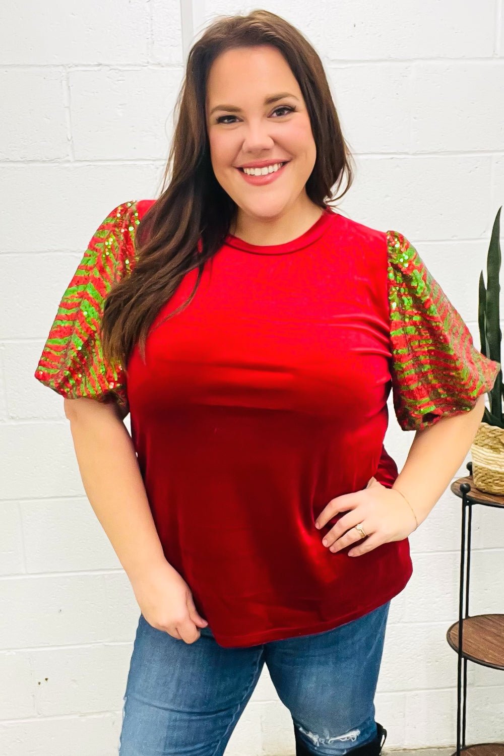 Warmest Wishes Red & Green Sequin Puff Sleeve Velvet Top - Bitsy Gypsy Boutique