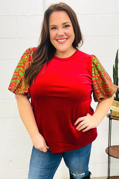 Warmest Wishes Red & Green Sequin Puff Sleeve Velvet Top - Bitsy Gypsy Boutique