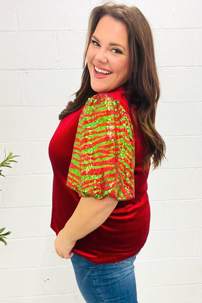 Warmest Wishes Red & Green Sequin Puff Sleeve Velvet Top - Bitsy Gypsy Boutique