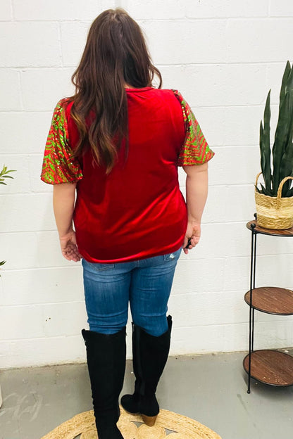 Warmest Wishes Red & Green Sequin Puff Sleeve Velvet Top - Bitsy Gypsy Boutique