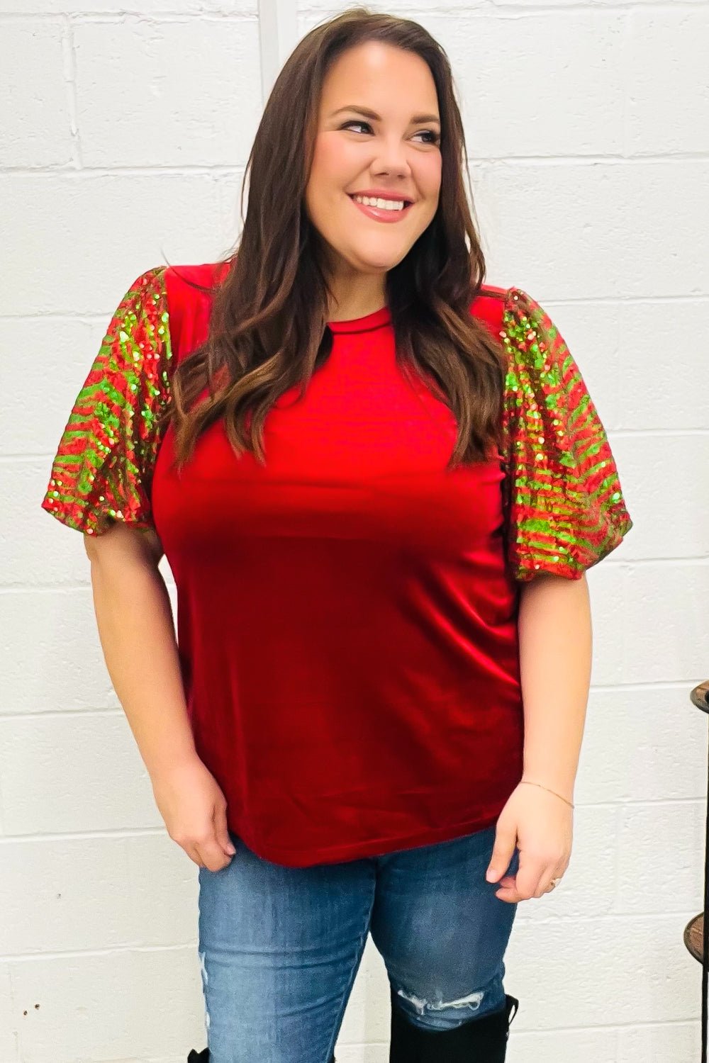 Warmest Wishes Red & Green Sequin Puff Sleeve Velvet Top - Bitsy Gypsy Boutique