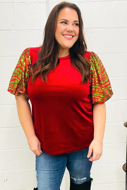 Warmest Wishes Red & Green Sequin Puff Sleeve Velvet Top - Bitsy Gypsy Boutique
