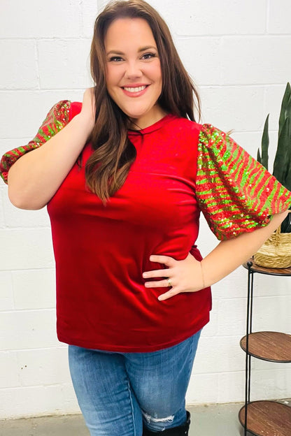 Warmest Wishes Red & Green Sequin Puff Sleeve Velvet Top - Bitsy Gypsy Boutique