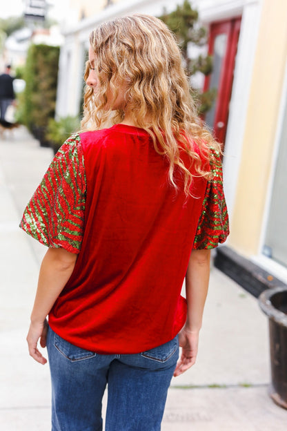 Warmest Wishes Red & Green Sequin Puff Sleeve Velvet Top - Bitsy Gypsy Boutique