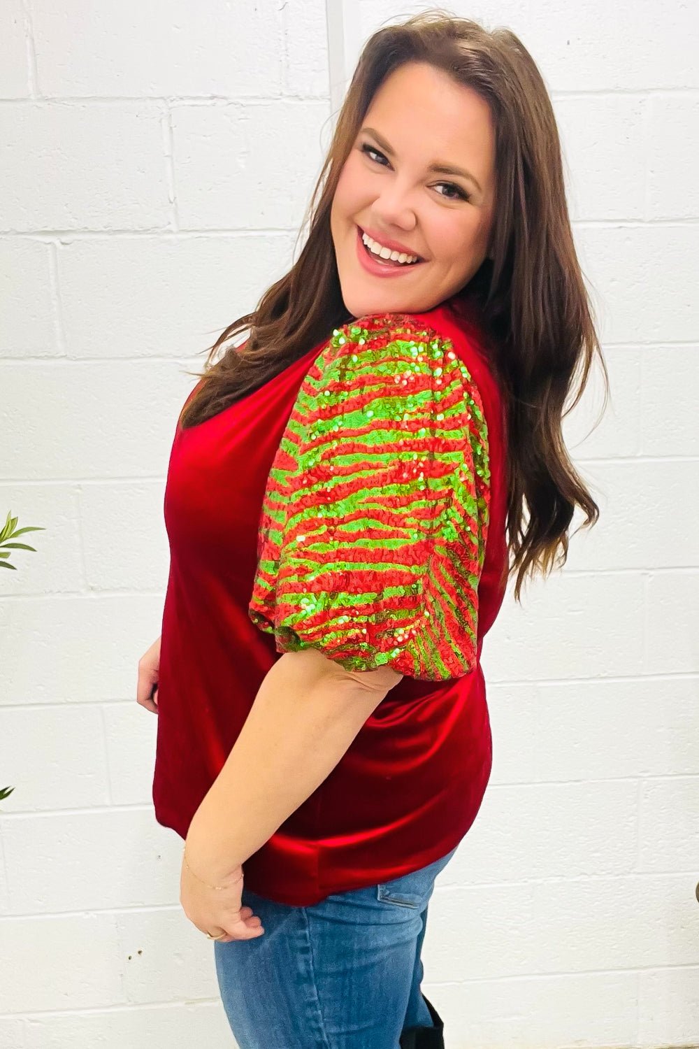 Warmest Wishes Red & Green Sequin Puff Sleeve Velvet Top - Bitsy Gypsy Boutique
