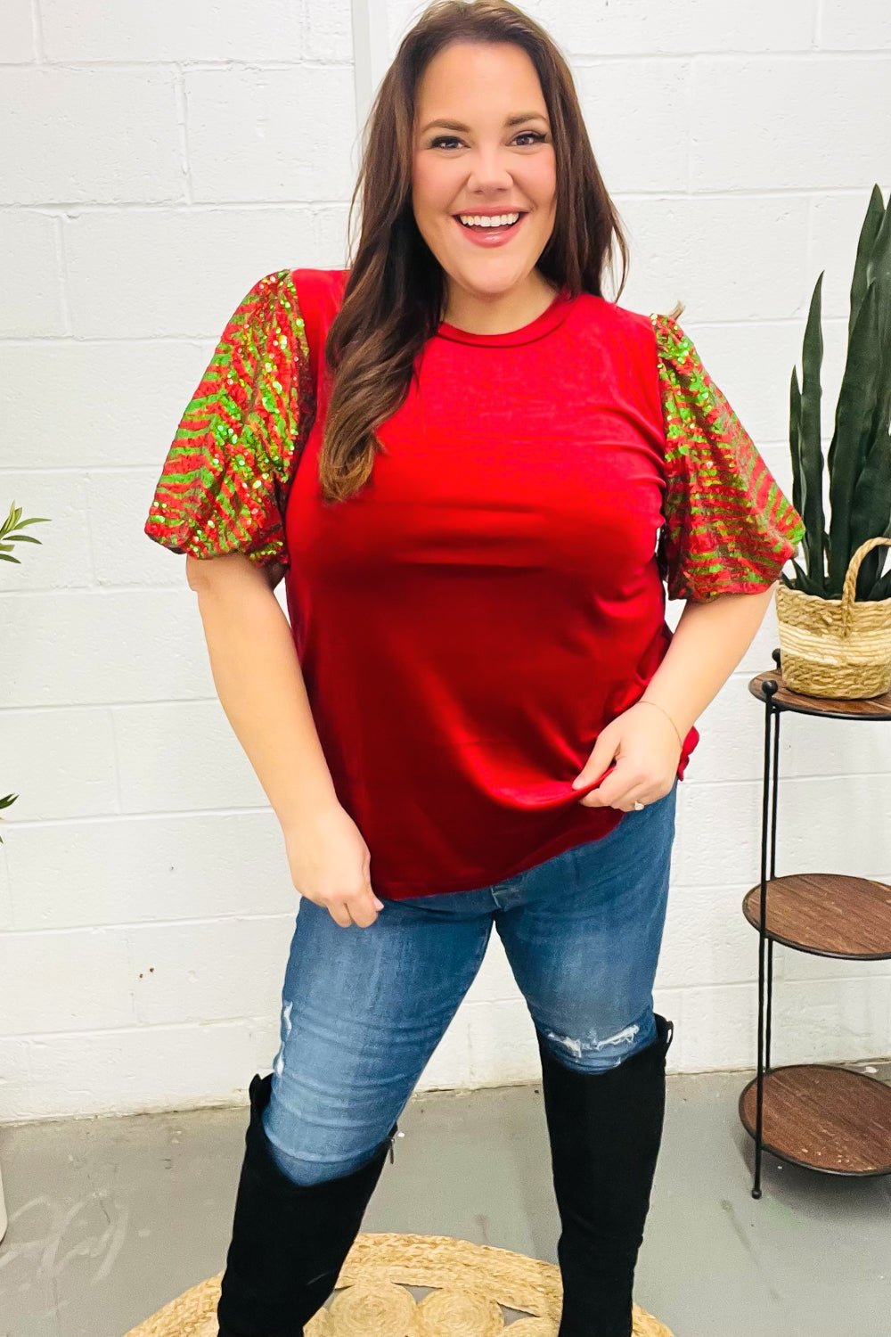 Warmest Wishes Red & Green Sequin Puff Sleeve Velvet Top - Bitsy Gypsy Boutique