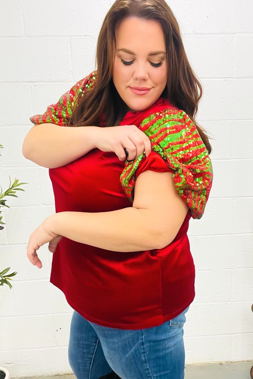 Warmest Wishes Red & Green Sequin Puff Sleeve Velvet Top - Bitsy Gypsy Boutique