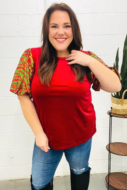Warmest Wishes Red & Green Sequin Puff Sleeve Velvet Top - Bitsy Gypsy Boutique