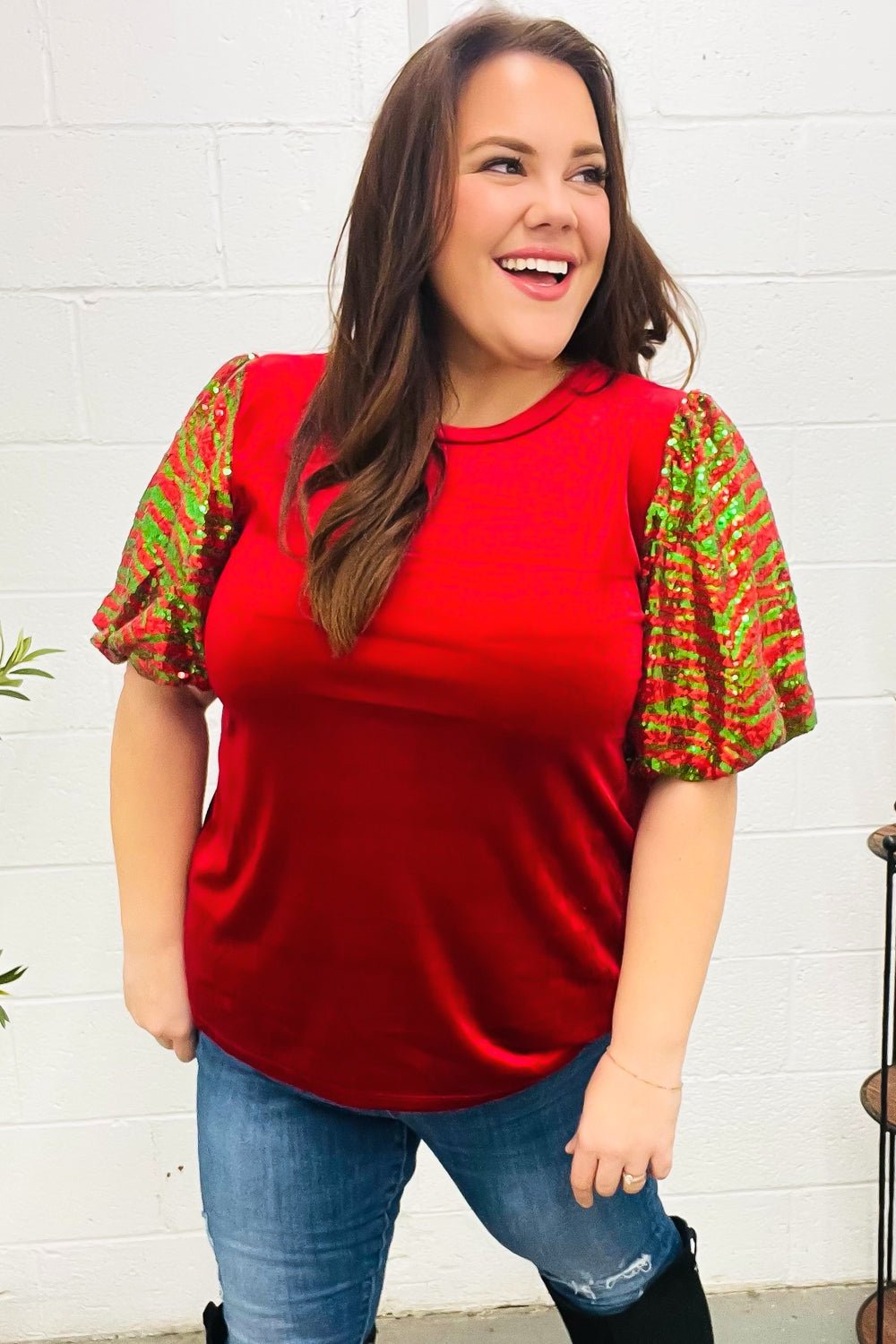 Warmest Wishes Red & Green Sequin Puff Sleeve Velvet Top - Bitsy Gypsy Boutique