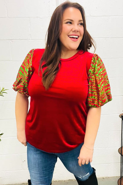 Warmest Wishes Red & Green Sequin Puff Sleeve Velvet Top - Bitsy Gypsy Boutique