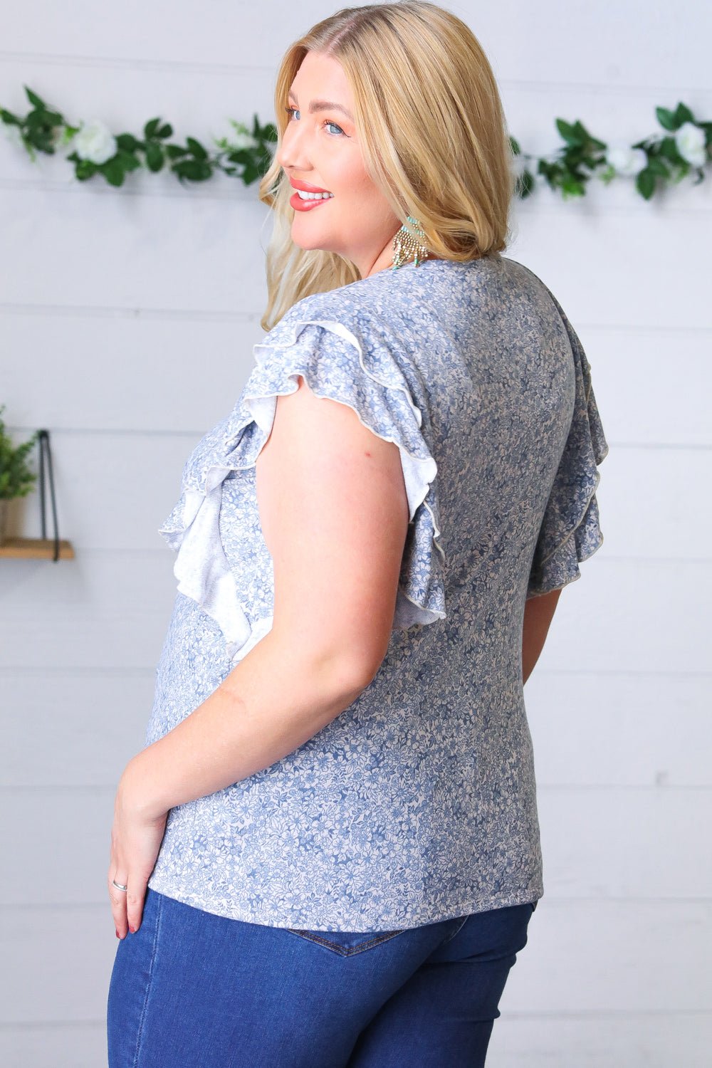 Washed Blue Floral Tiered Flutter Sleeve Top - Bitsy Gypsy Boutique