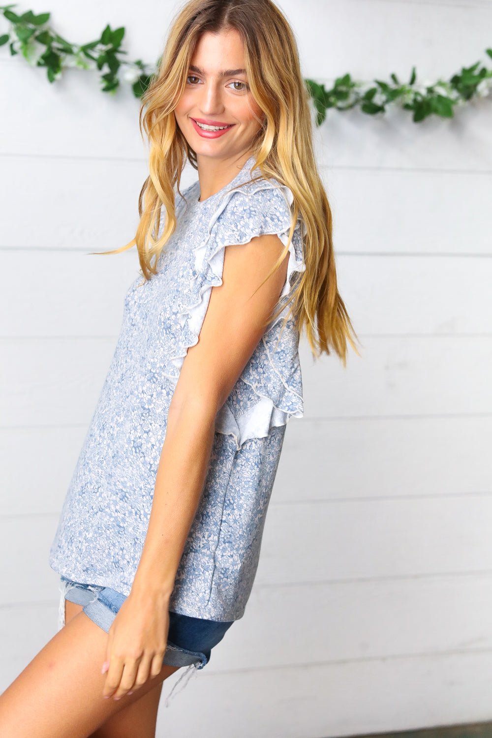 Washed Blue Floral Tiered Flutter Sleeve Top - Bitsy Gypsy Boutique