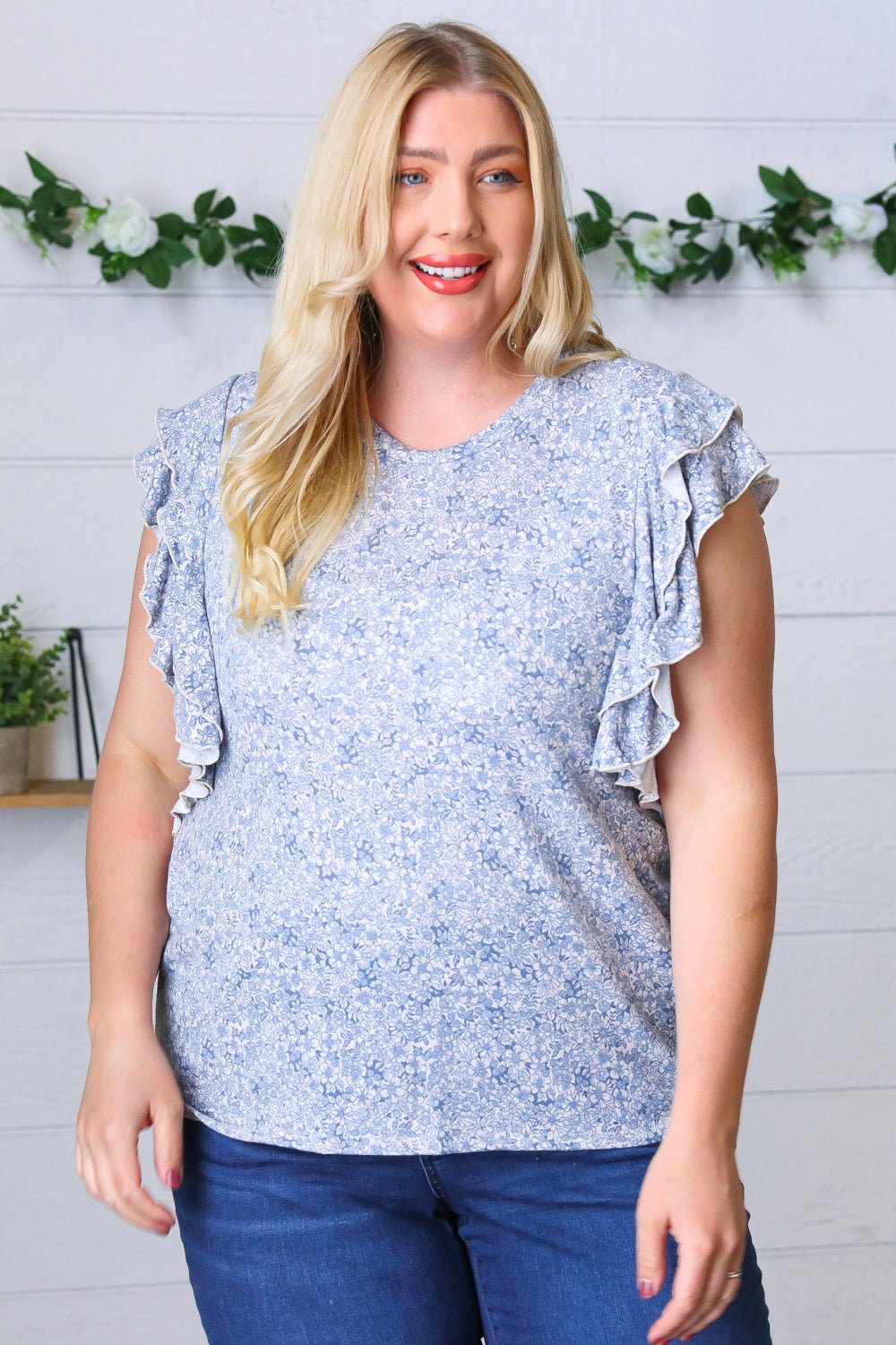 Washed Blue Floral Tiered Flutter Sleeve Top - Bitsy Gypsy Boutique